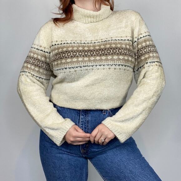 Vintage Y2K Size XL Croft & Barrow Neutral Tan Oversized Fuzzy Cowl Neck Sweater - Picture 5 of 12